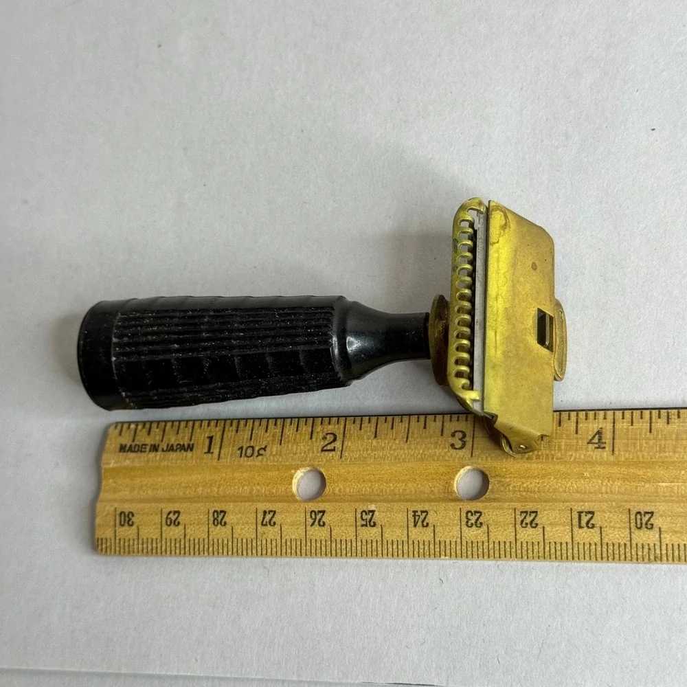Vintage GEM Junior Single Edge Safety Razor Gold Tone Black Bakelite Handle USA